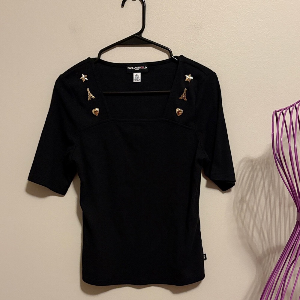 Karl Lagerfeld Black Short Sleeve Top with Gold Embellishments